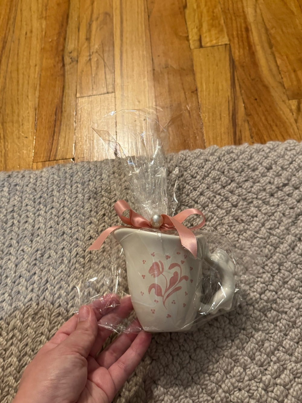 Ceramic White Mug with Pink Floral Design and Pink Ribbon